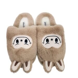 MOON CAKE Labubu Faux Fur Slipper Shoes Large Beige Bunny Ears Cozy House Indoor